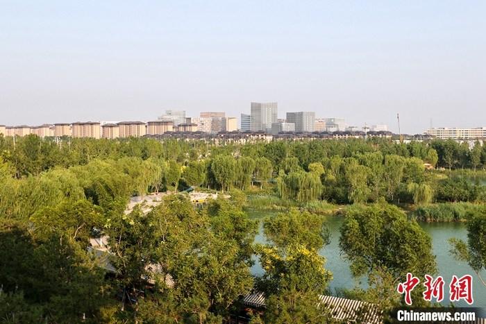 從完成頂層設(shè)計到如火如荼大規(guī)模建設(shè)，六年來，雄安新區(qū)如春天的竹子一般拔節(jié)生長，這座承載千年大計的“未來之城”已雄姿初顯。從“一張白紙”開始著墨，如今的雄安新區(qū)已是濃墨重彩的“山水畫”。<a target='_blank' href='/'>中新社</a>記者近日走訪了雄安新區(qū)多地，從“藍綠金”三色感受這座“未來之城”的巨大變化。圖為7月18日拍攝的河北雄安新區(qū)金湖公園。 <a target='_blank' href='/'>中新社</a>記者 易海菲 攝