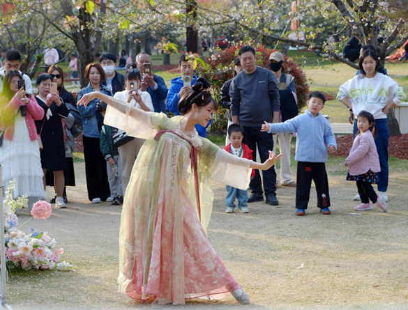 清明假期期間，上海顧村公園櫻花島上，游客在觀賞國風漢服快閃表演。（圖片來源：視覺中國）