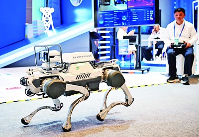  網(wǎng)絡(luò)安全博覽會上的企業(yè)展示電網(wǎng)巡線機(jī)器狗。新華社記者 鄧華攝